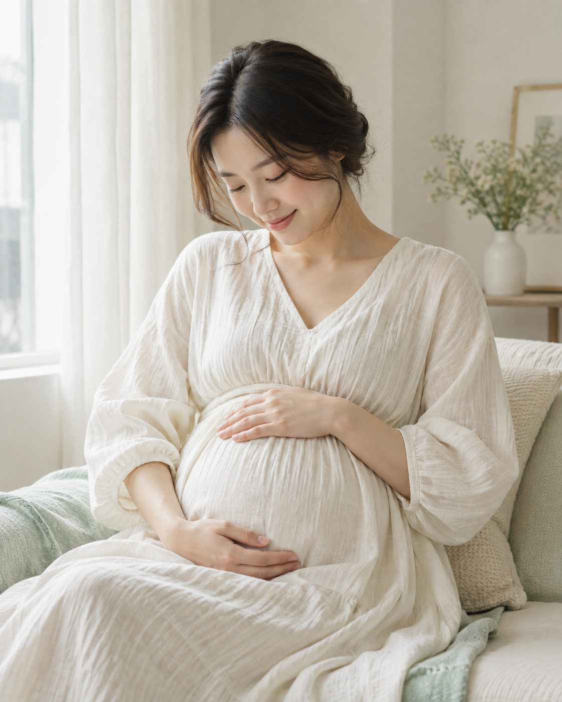창가에서 배를 감싸 안고 쉬는 임산부의 모습을 담은 AI 생성 브랜드 이미지