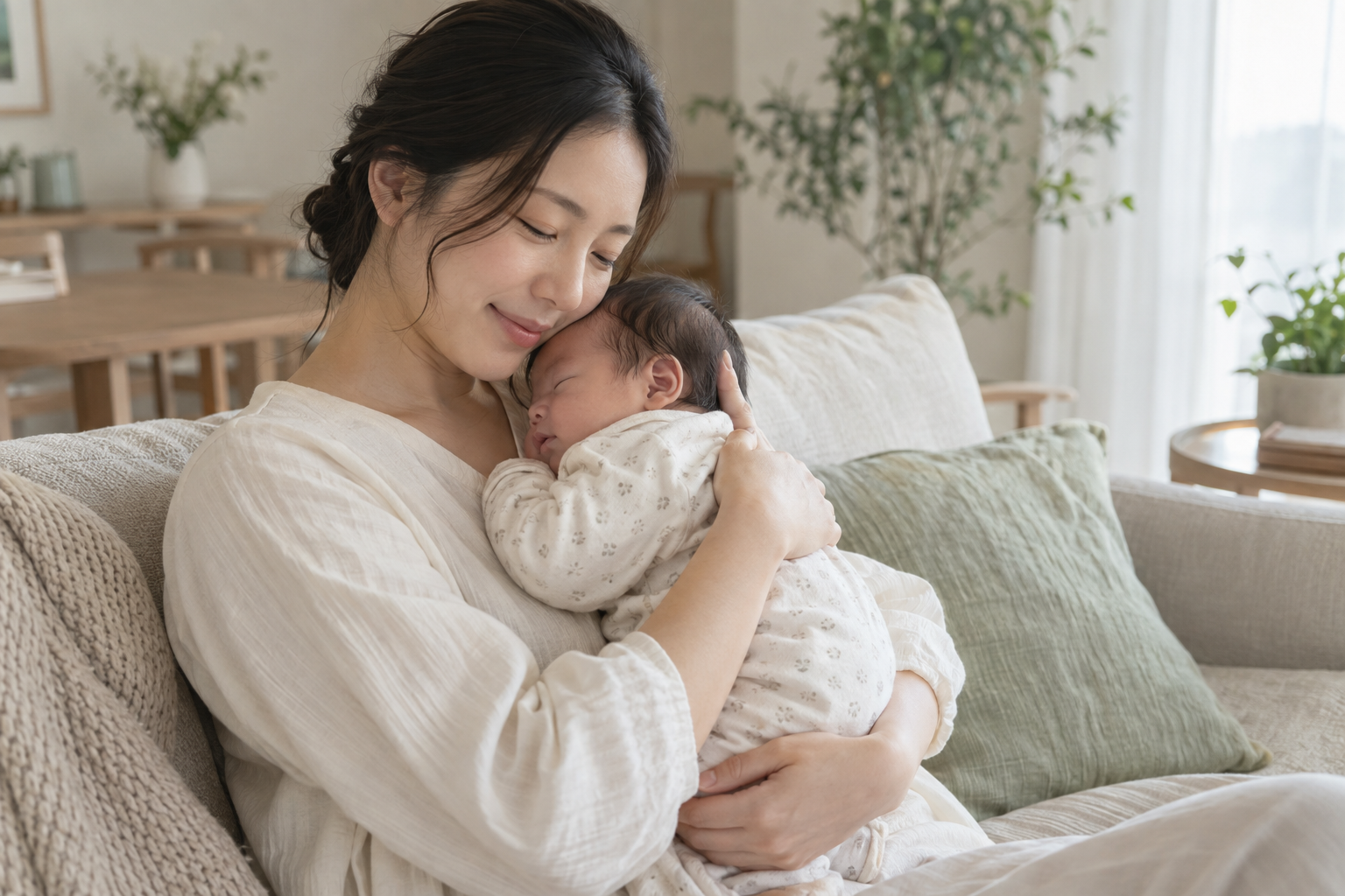 아기를 품에 안고 교감하는 엄마의 모습을 담은 AI 생성 브랜드 이미지